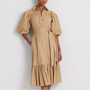Lauren Ralph Lauren Belted Broadcloth Bubble-Sleeve Shirtdress